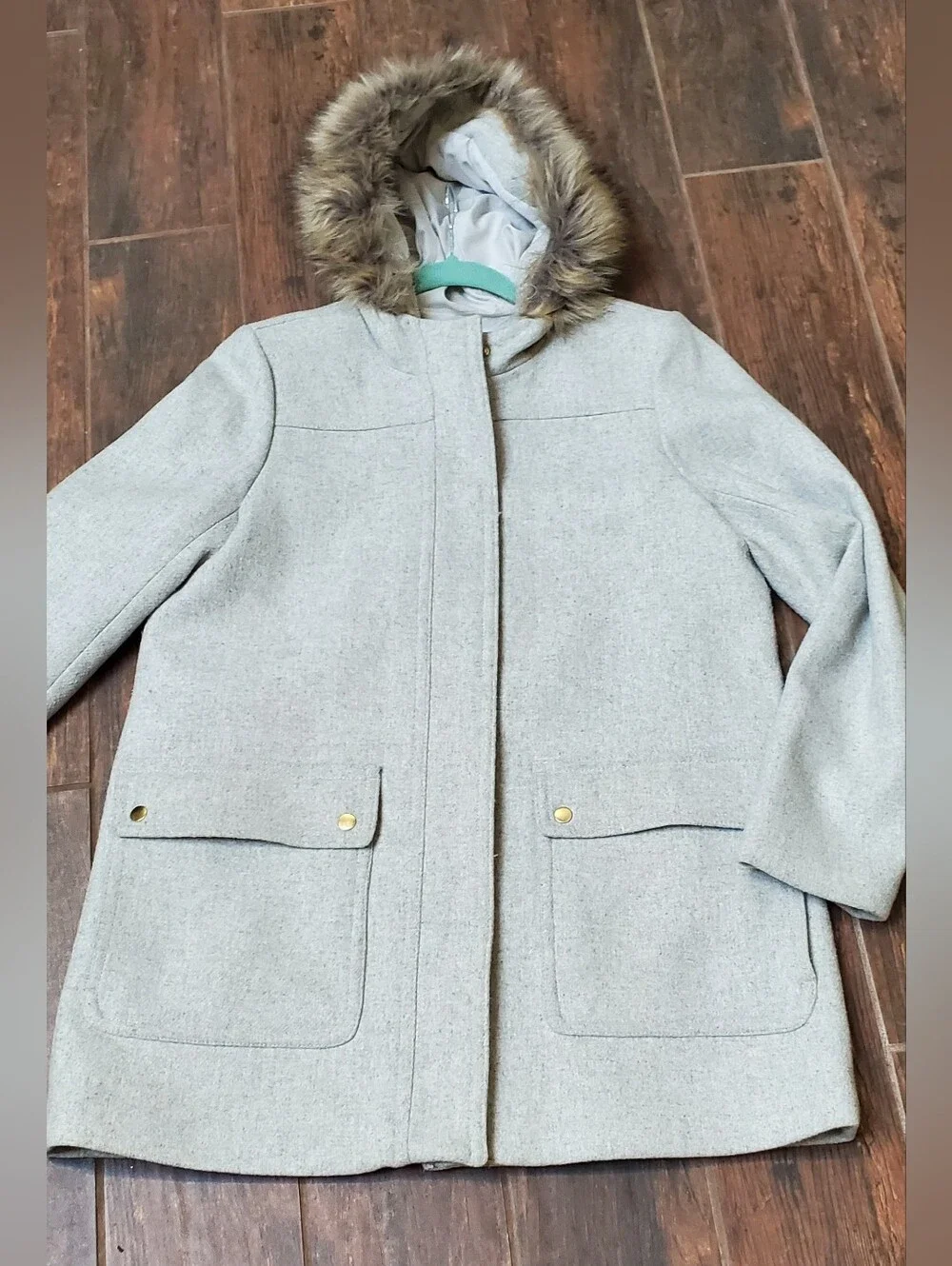 J. Crew Light Gray Wool-Blend Pea Coat with Faux Fur Trimcrew Size 12